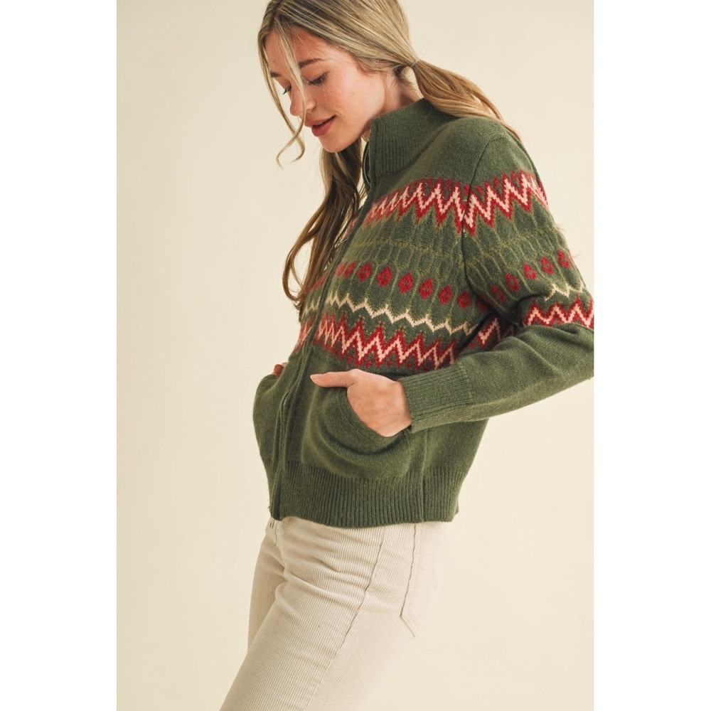 &merci Womens Fair Isle Full Zip Cardigan Sweater Olive Green Mock Neck Small